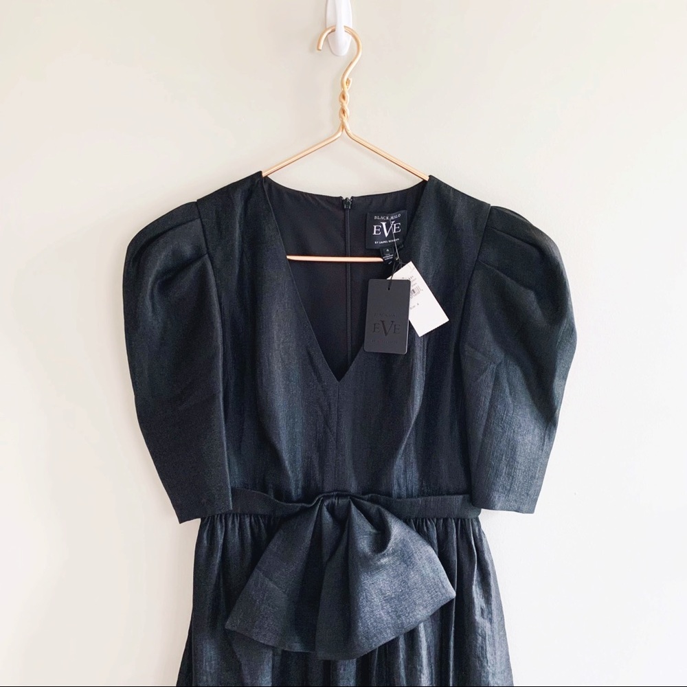 Black Halo Eve Black Puff Sleeve Cocktail Dress Bow Detail 80s Vintage Inspired - Picture 4 of 14